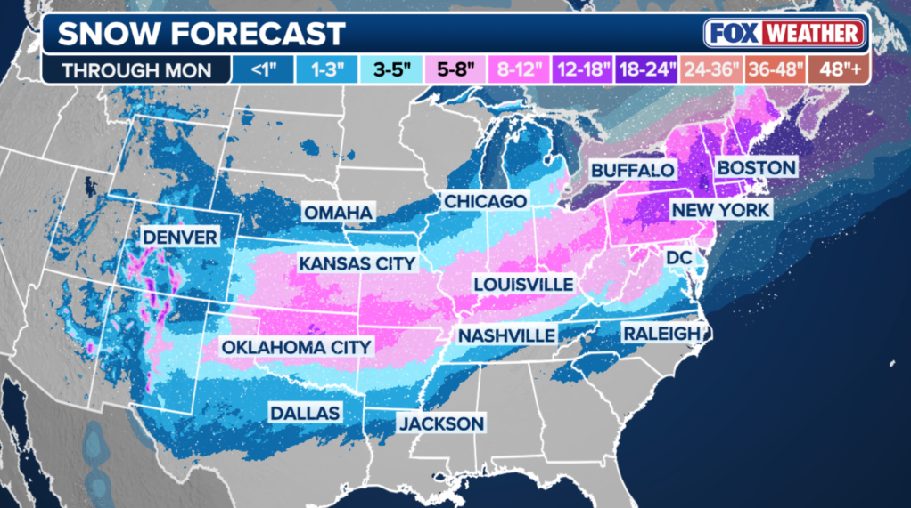 Snow forecast map for the US through Monday, showing expected accumulation ranging from less than 1 inch to over 48 inches across different regions.